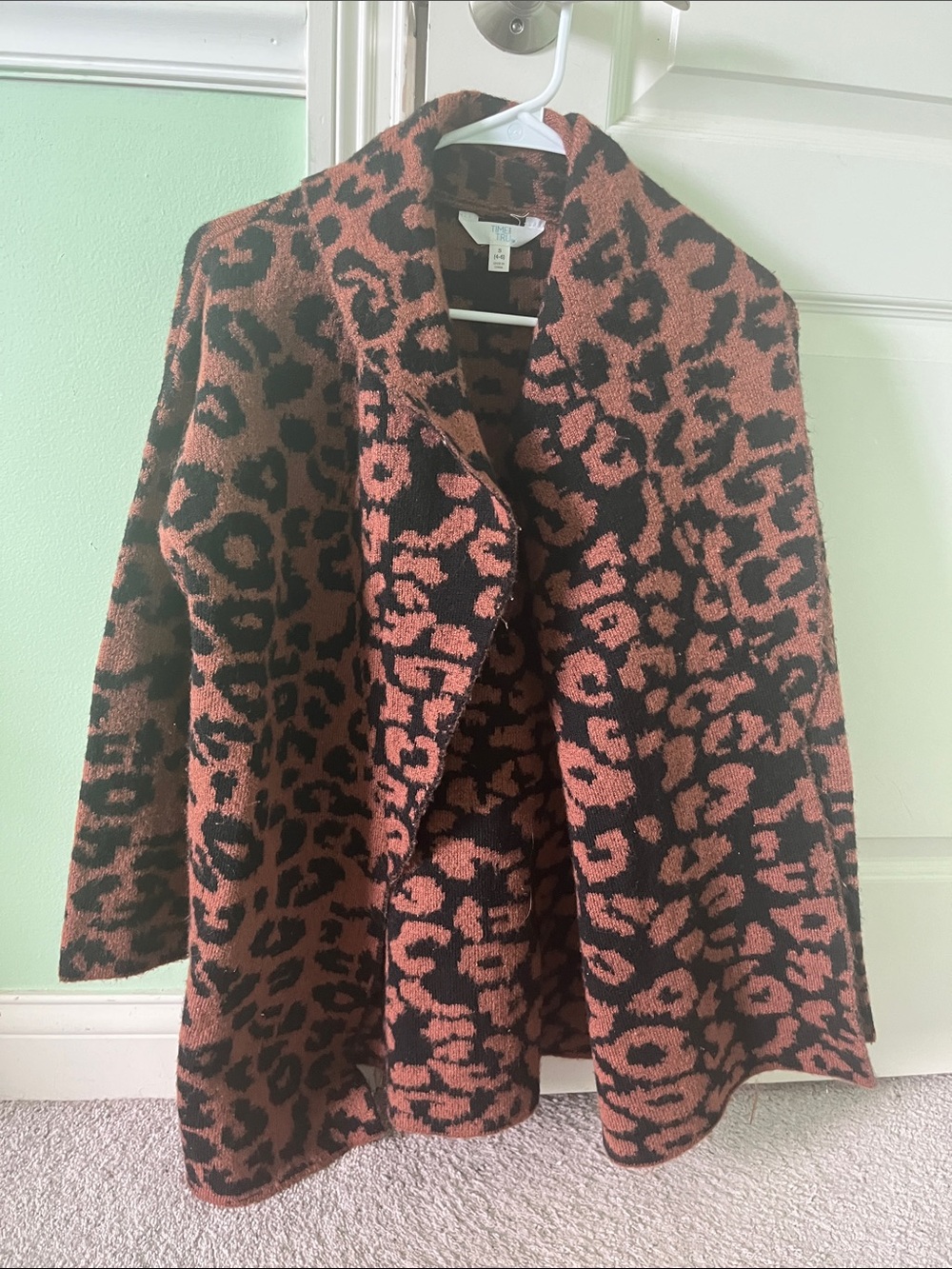 Time and Tru Rust and Black Leopard Open-Front Coatigan